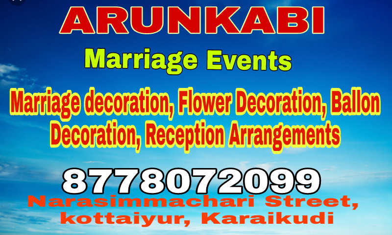 ARUNKABEE  Wedding Decorators ,Event Management, Chendamelam, ,Reception Arrangements ,Event and Birthday Decoration , Flower Decoration,Pandal decoration,Balloon Decoration